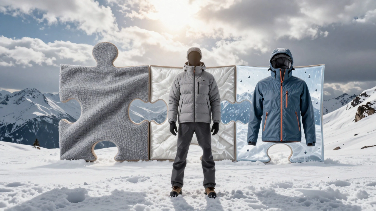 Концептуальное изображение трех слоев зимней одежды для похода: базовый, утепляющий и внешний слой, как части пазла на силуэте человека.