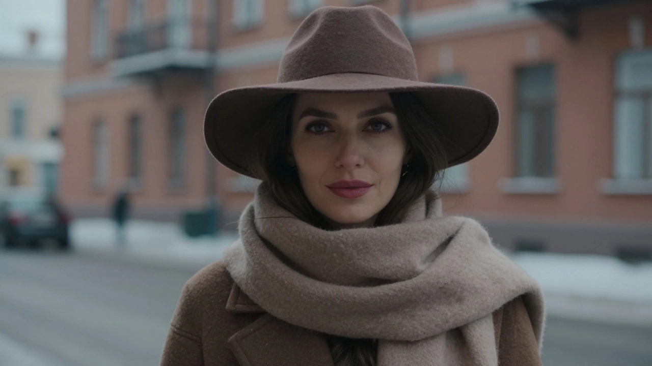 Модель в зимней шляпе и кашемировом шарфе на улице.