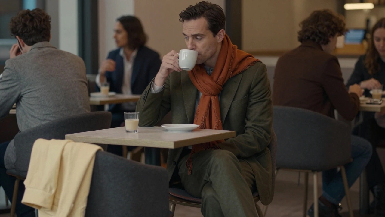 Мужчина в тёмно-зелёном пиджаке с оранжевым шарфом в кафе, вокруг — нейтральные тона модной одежды.