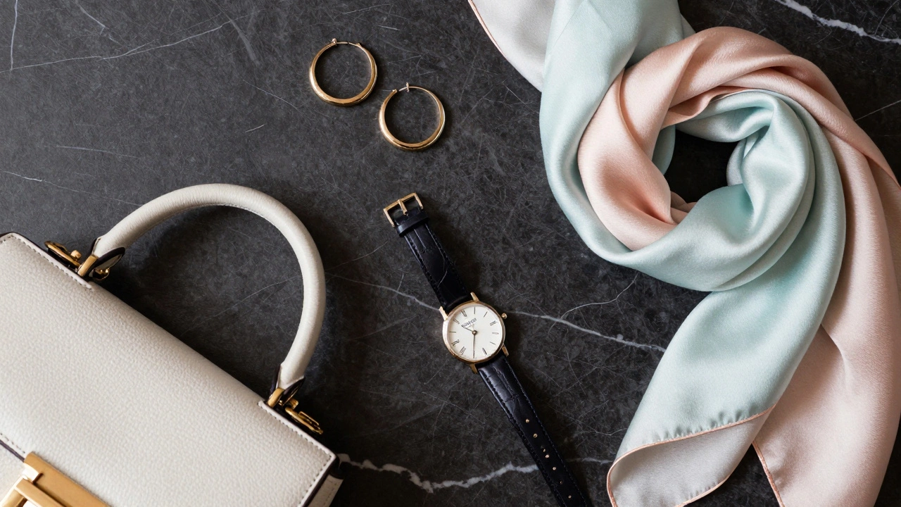 Набор аксессуаров: сумка, серьги, часы и шелковый шарф.