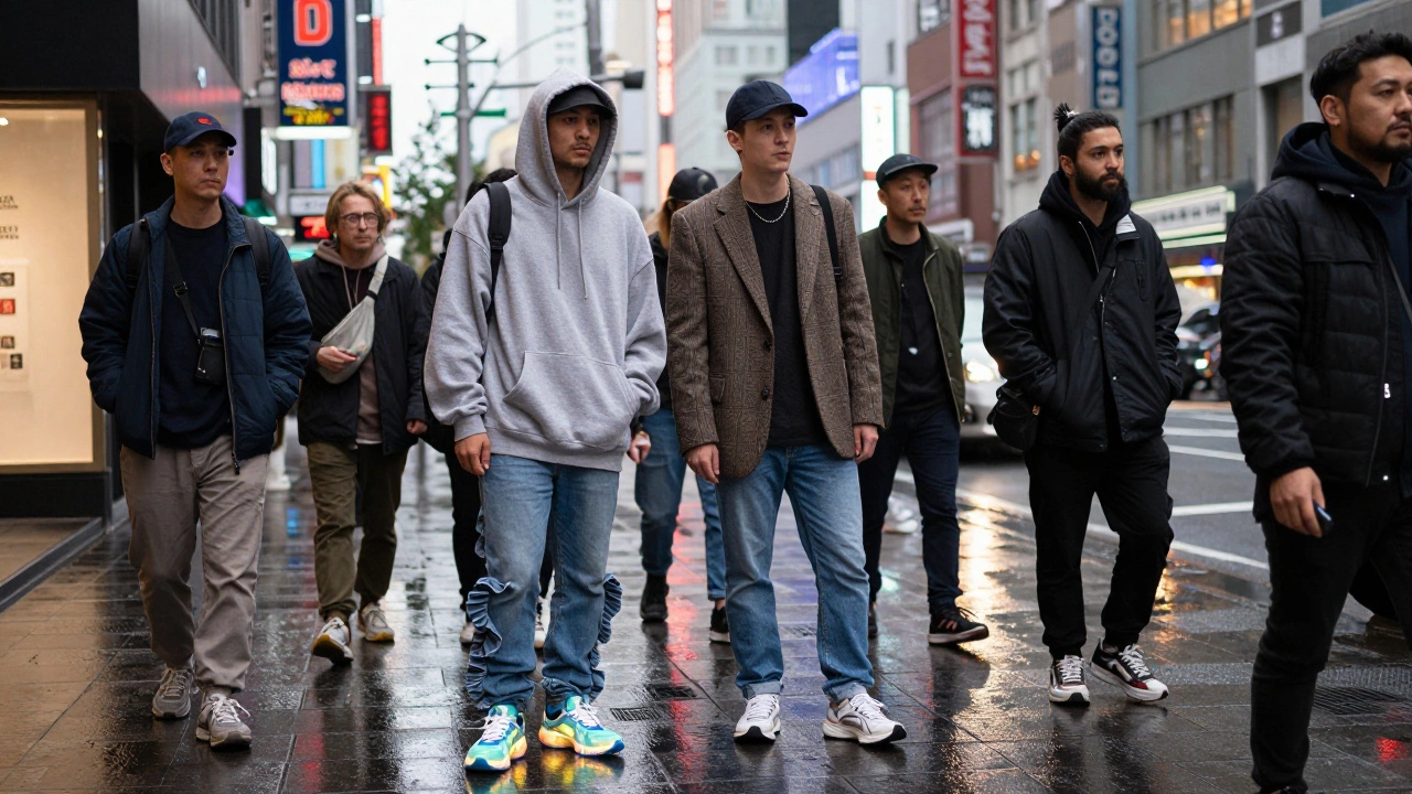 Разнообразная группа людей на улице сочетает уличную моду, ретро-джинсы и футуристические кроссовки.