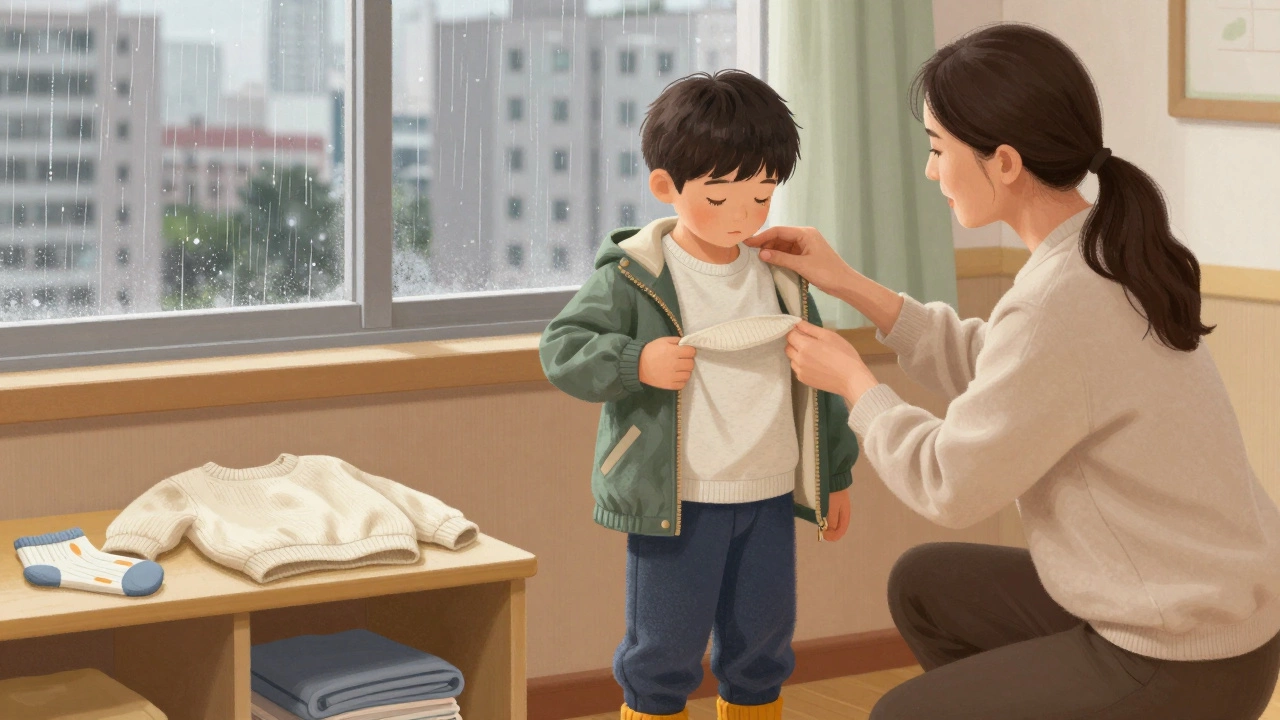 Ребёнок снимает свитер в классе, учитель проверяет шею на влажность, рядом на полке лежат запасные носки и свитер.