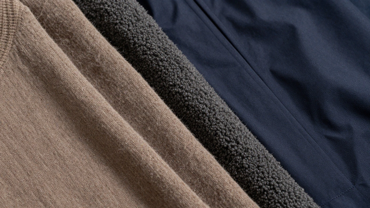 Текстуры зимних тканей: термобелье, флис и верхняя одежда.