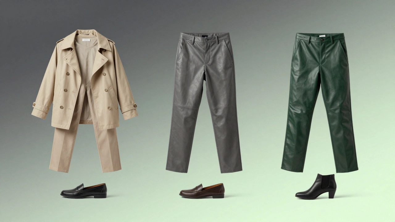 Три пары кожаных брюк в пастельных тонах висят в воздухе с минималистичной обувью, символизируя весенний стиль 2024.