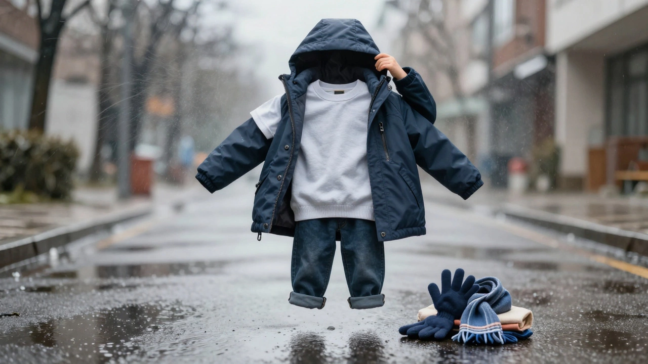 Три слоя детской одежды парят в воздухе вокруг силуэта ребёнка: внутренний, средний и внешний, над ними — влажная земля и ветер.