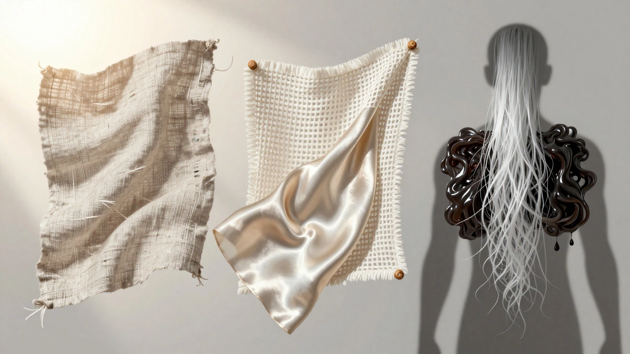 Три ткани: лён, хлопок и шелк — дышат, синтетика прилипает к силуэту человека.