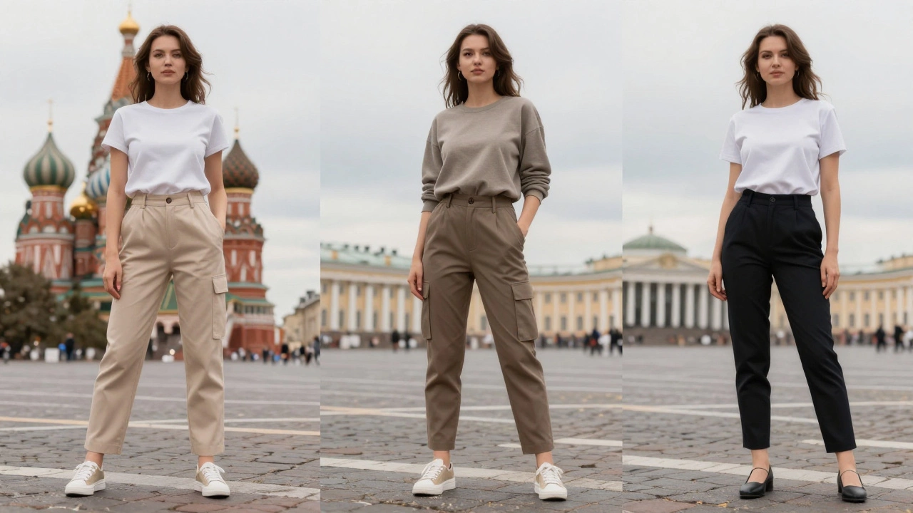 Три женщины в разных стилях брюк 2024 года — прямые, карго и сигареты — в городском пейзаже.