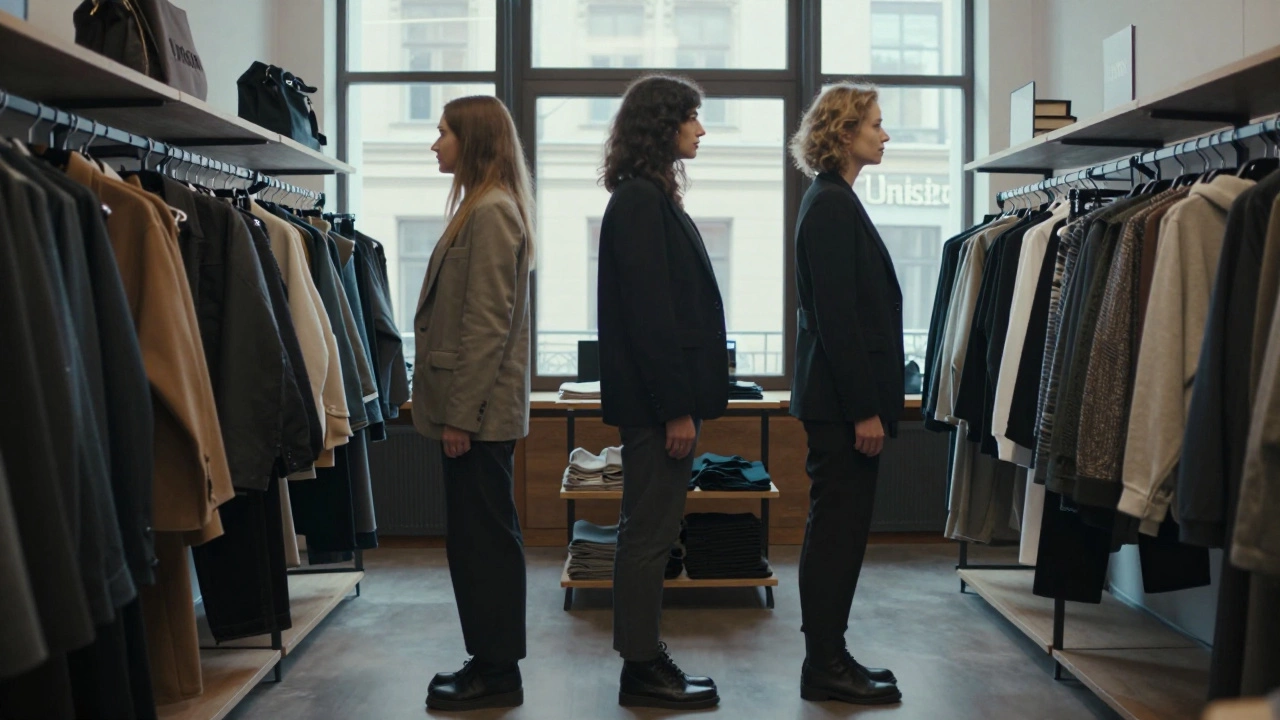 Три женщины в unisex-одежде в бутике Санкт-Петербурга, акцент на силуэтах и текстурах.