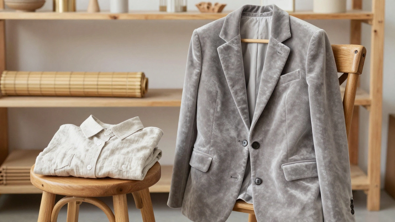 Вельветовый жакет, сложенный лен и бамбуковая ткань в ателье с естественным светом