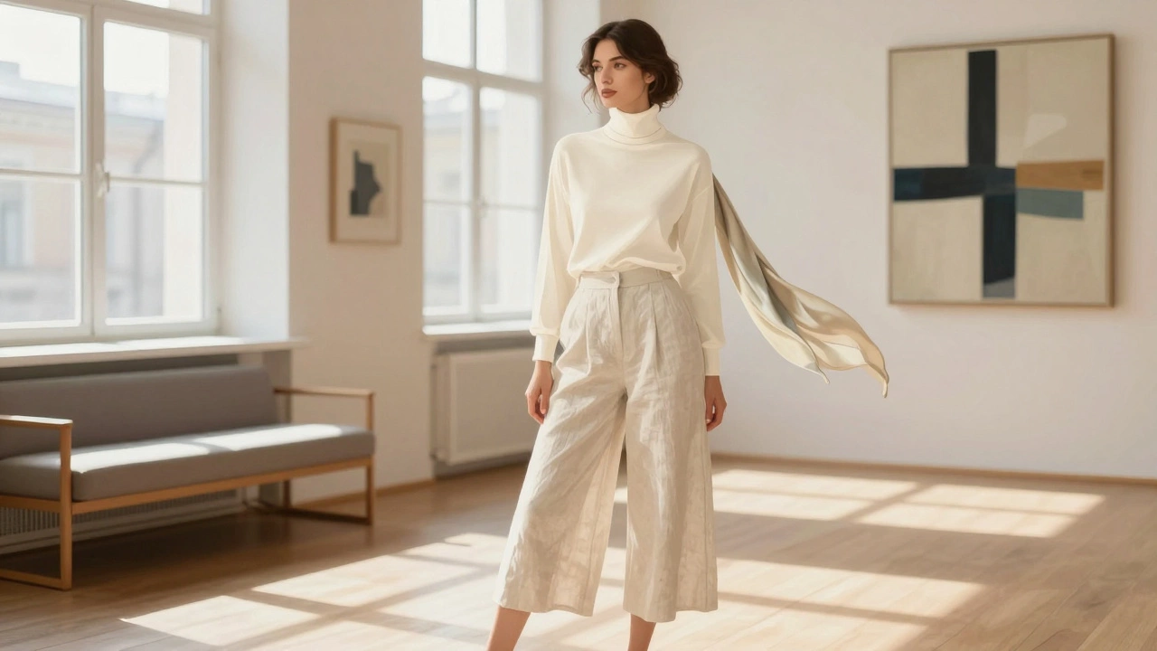 Женщина в кюлотах из льна стоит в галерее, с шёлковым шарфом, при естественном свете.