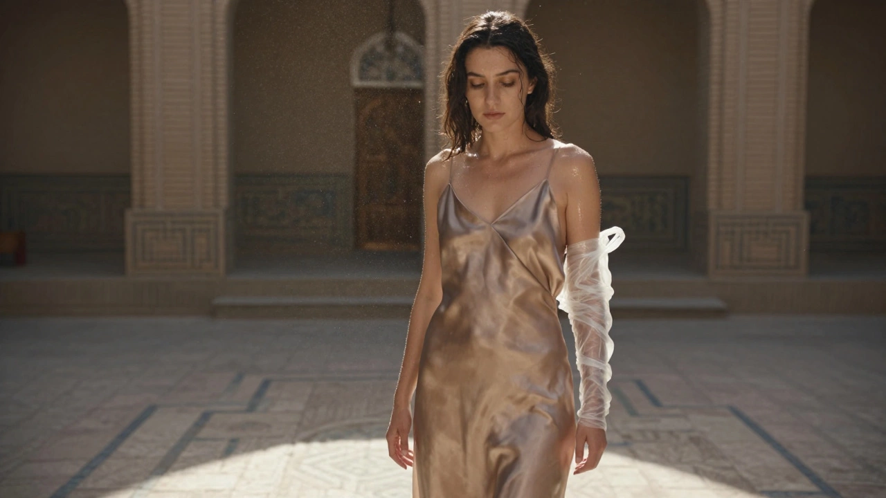 Женщина в шелковом платье под солнцем, пот испаряется, рядом — пластиковый пакет как символ жары.