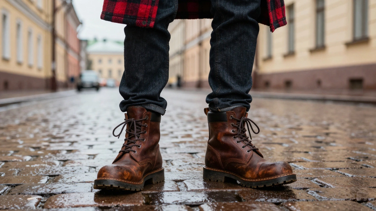 Грубые кожаные ботинки в стиле workwear с джинсами на мокрой мостовой