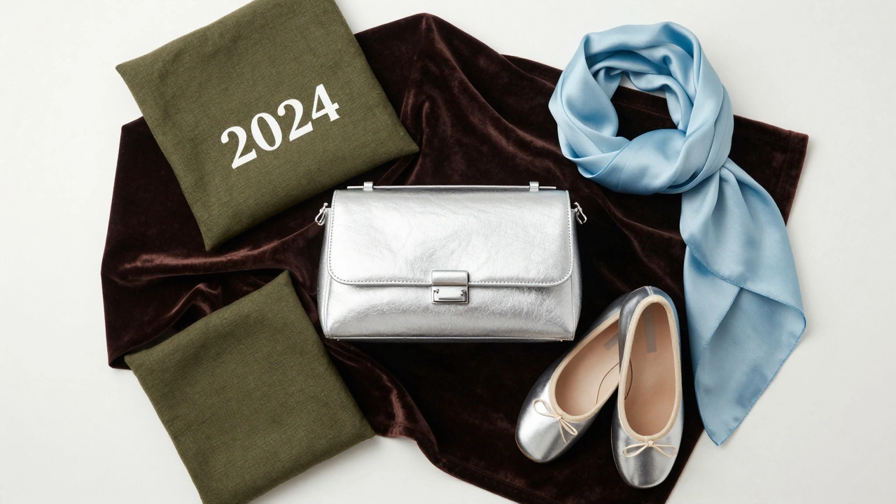 Композиция с серебристой сумкой, шоколадным бархатом и оливковым аксессуаром