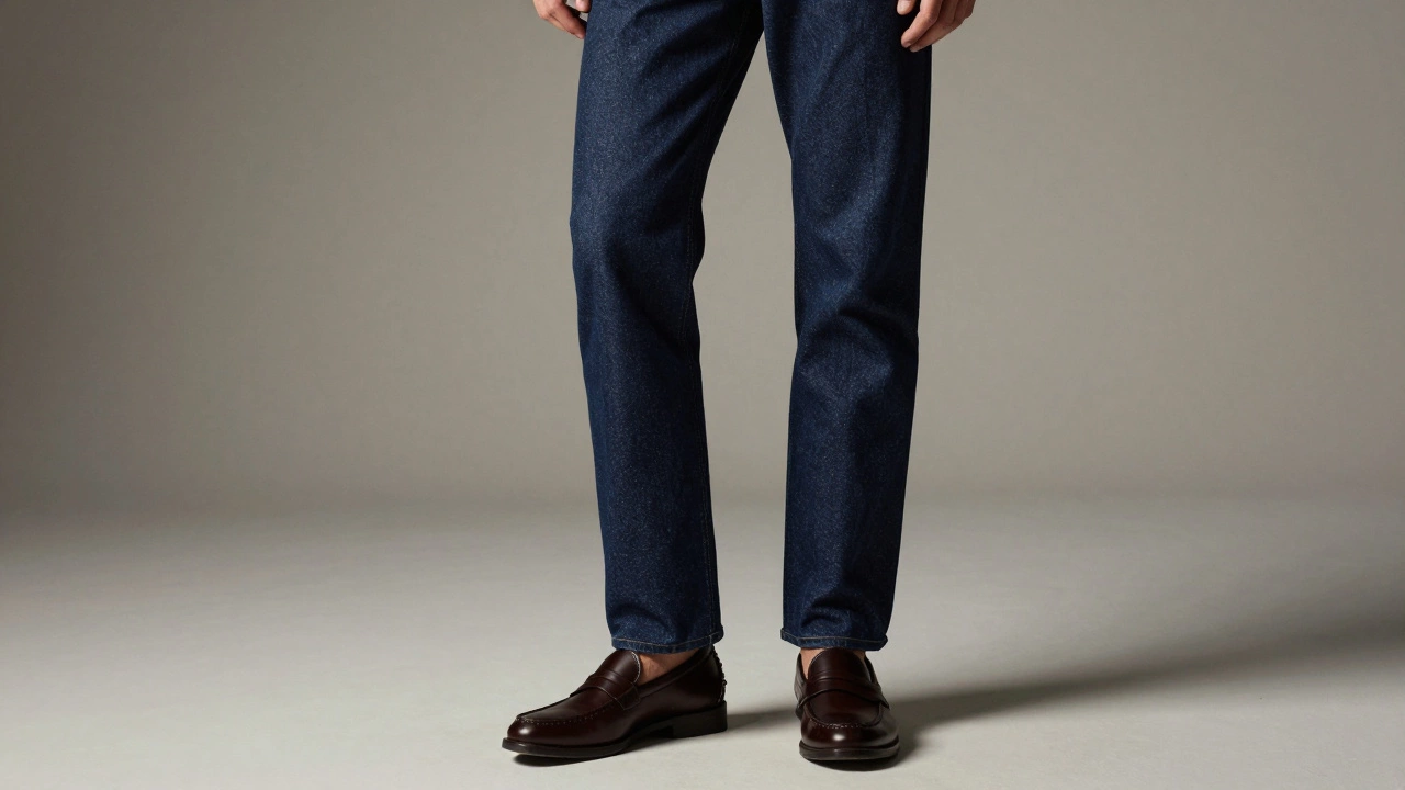 Крупный план классических прямых джинсов цвета индиго с кожаными лоферами