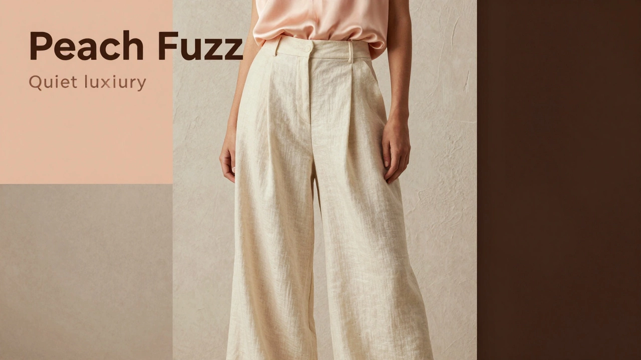 Модная девушка в широких кремовых брюках и персиковом шелковом топе