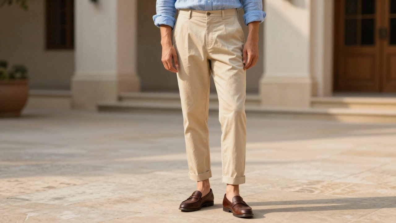 Мужчина в бежевых чиносах и лоферах в стиле Old Money