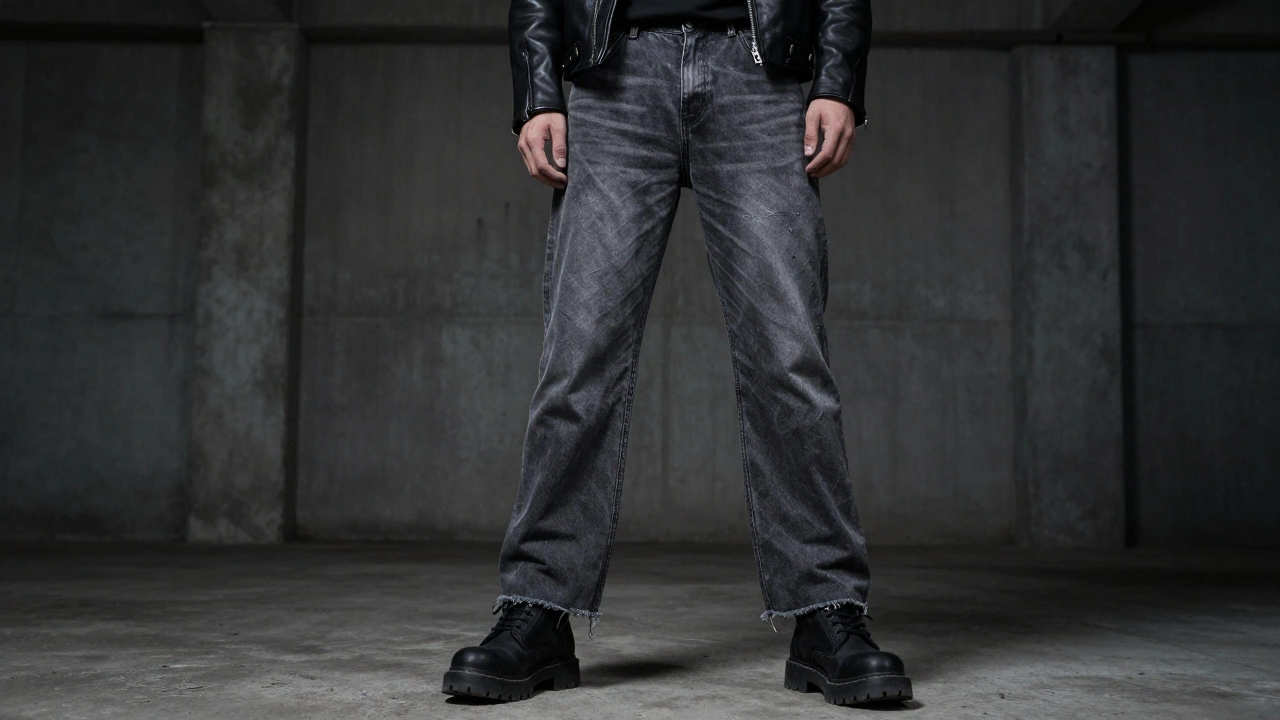 Мужчина в широких серых джинсах с потертостями, грубых ботинках и кожаной куртке