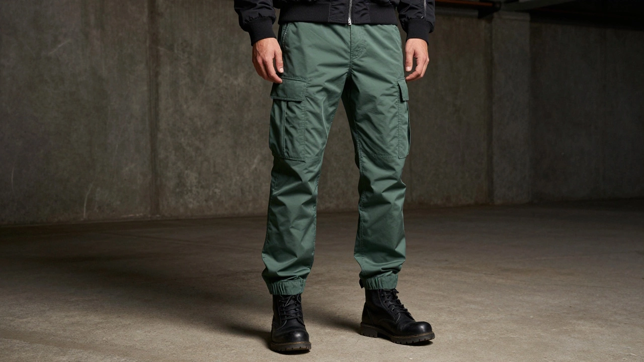 Мужчина в современных брюках карго цвета шалфей с кожаными ботинками