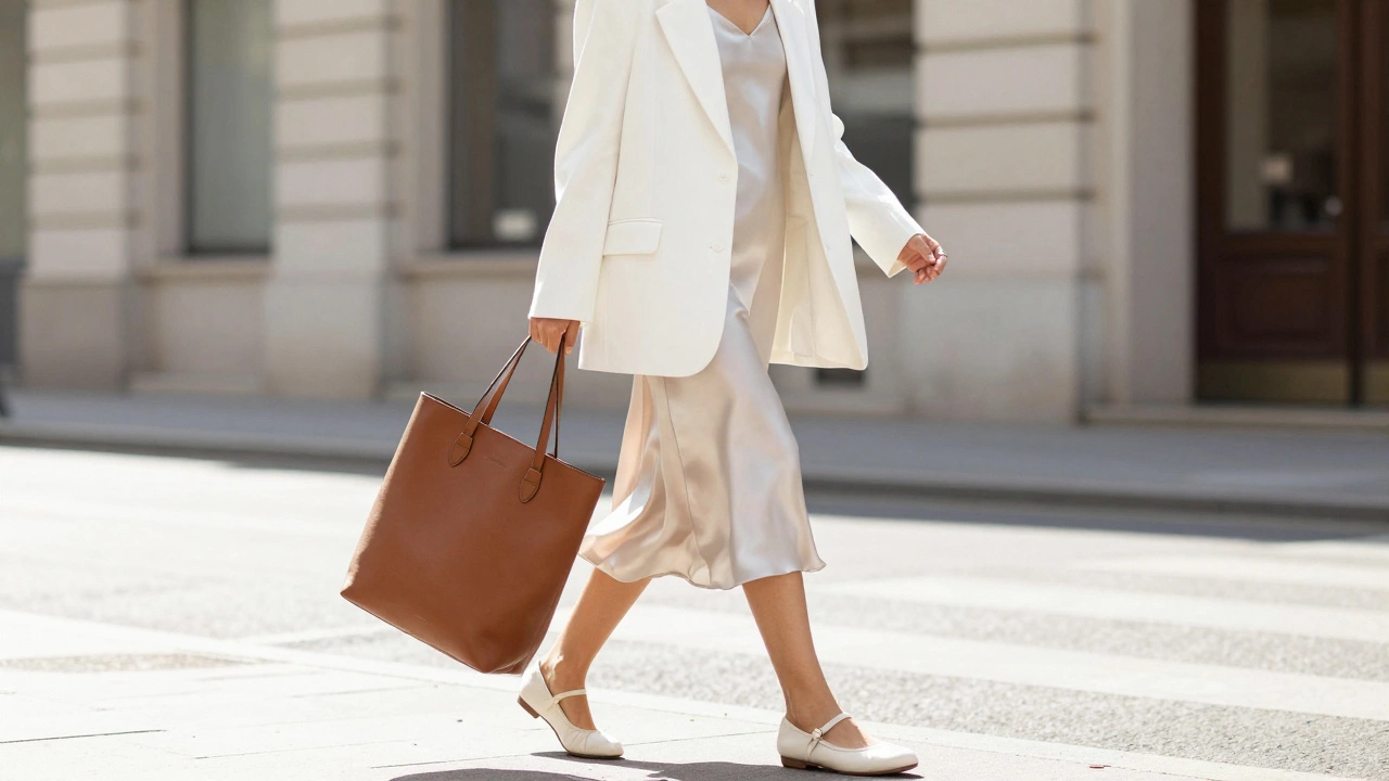 Образ с белым жакетом оверсайз, шелковым платьем и балетками на городской улице