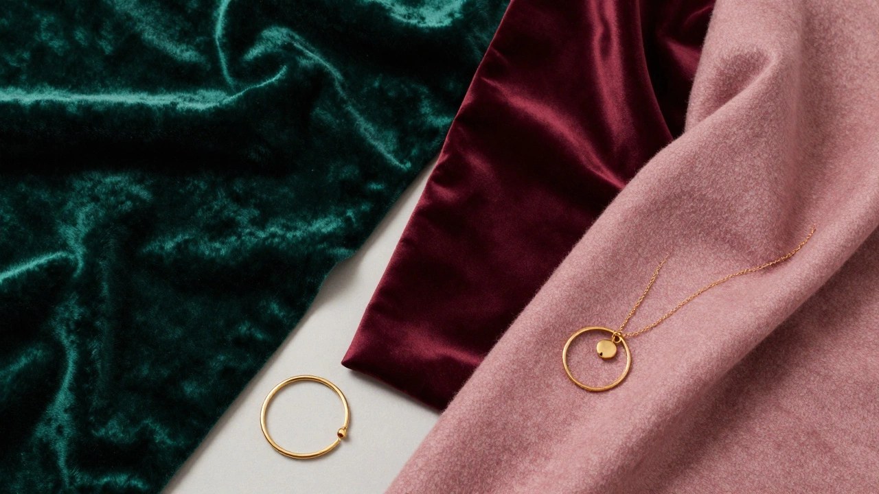 Образцы тканей изумрудного, бордового и пыльно-розового цветов с золотыми украшениями