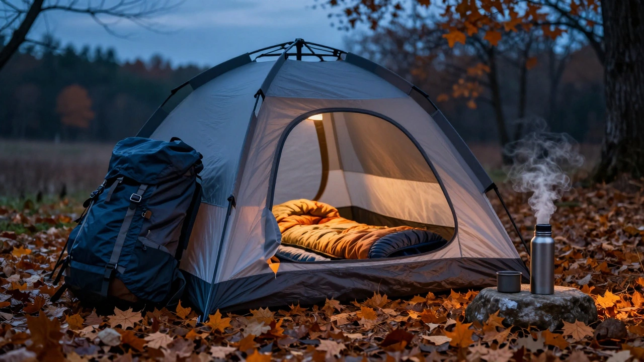Палатка и снаряжение для ночевки в осеннем лесу в сумерках
