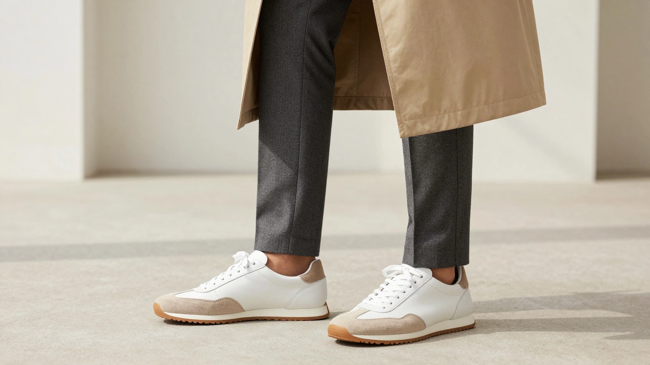 Ретро-кроссовки бежевого цвета с серыми брюками и бежевым тренчем