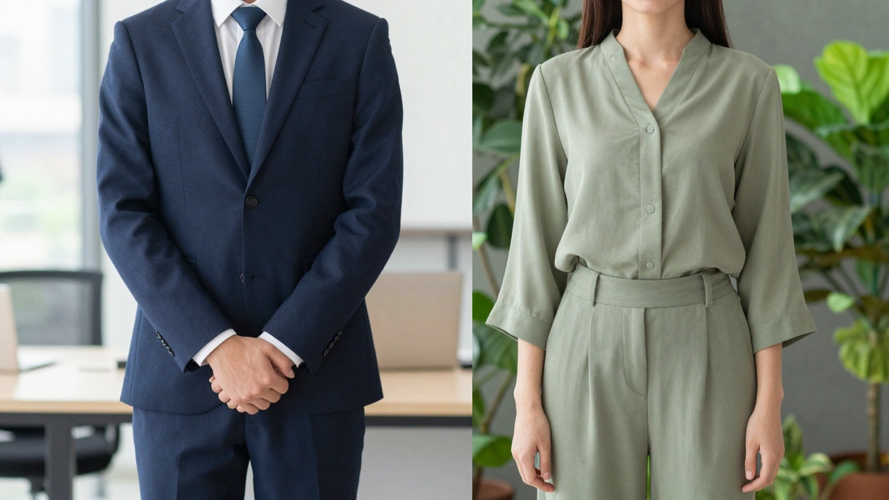 Сравнение делового синего костюма и уютного зеленого наряда