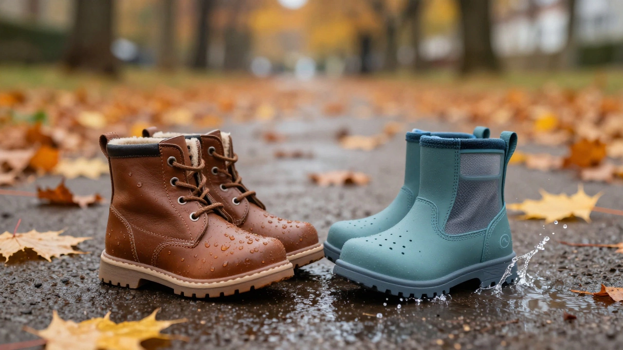 Сравнение кожаного ботинка и мембранной обуви в осенних лужах