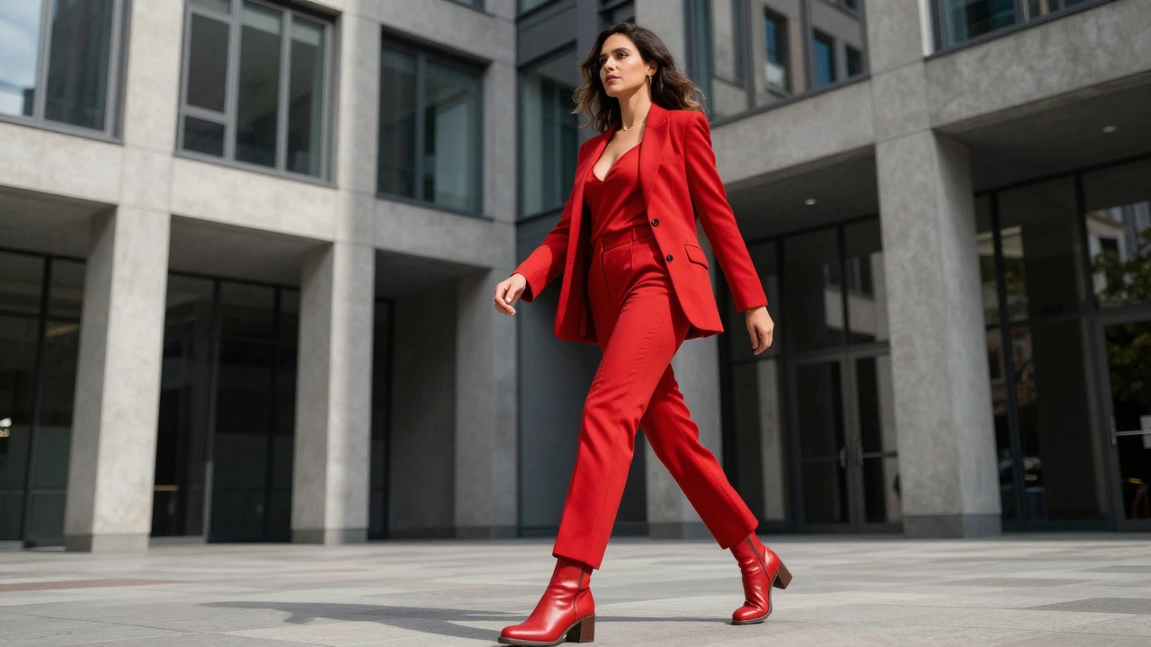 Женщина в ярко-красном деловом костюме на фоне современного города