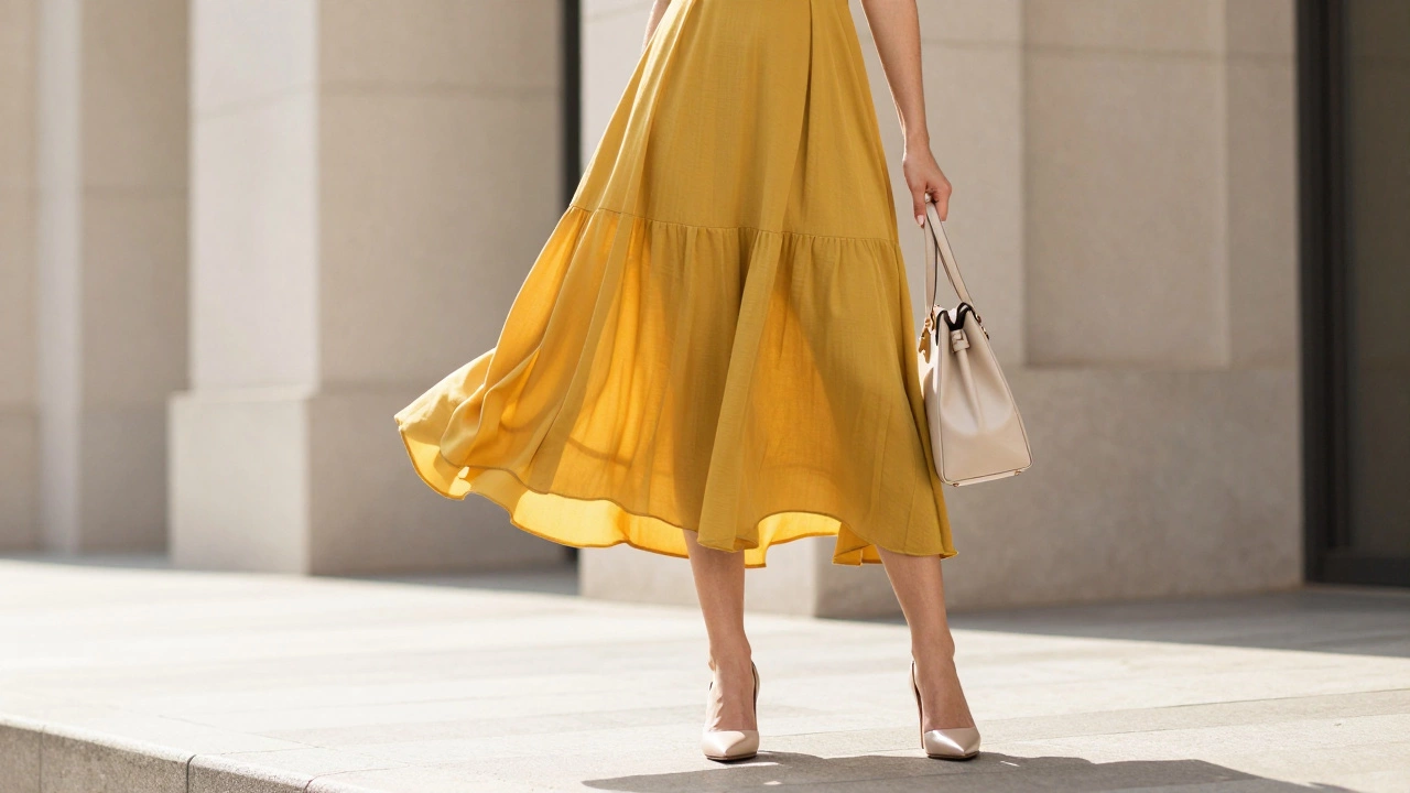 Женщина в горчично-желтом платье на фоне нейтрального города