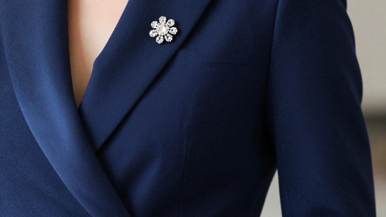 Close up of blazer with brooch and satin sash showing accessory distinction