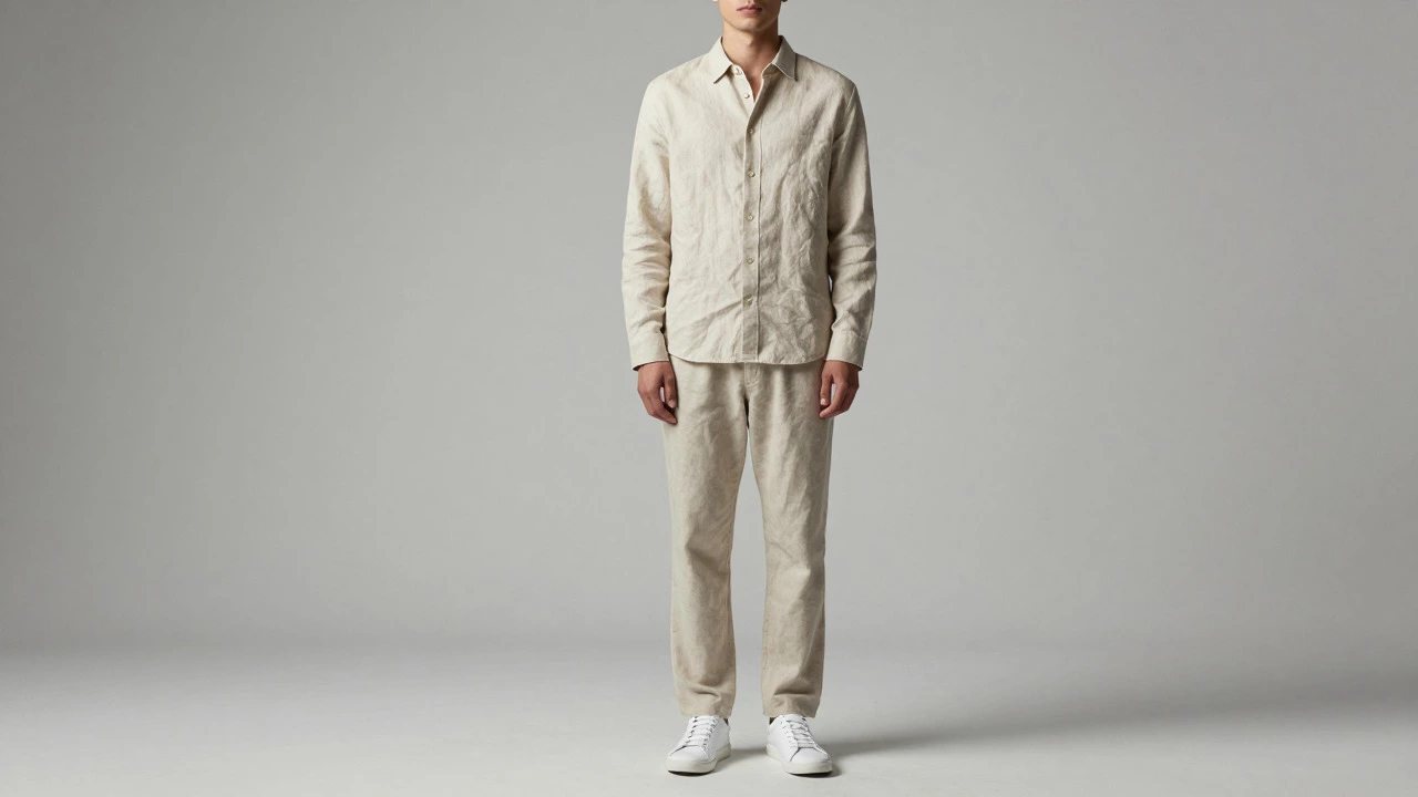 Man in minimalist linen shirt and cotton trousers in a studio setting