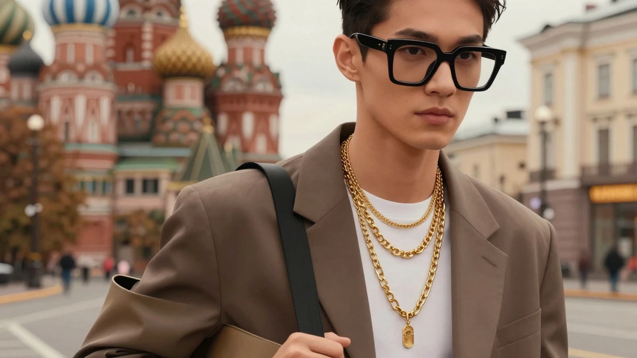 Person wearing angular glasses, layered chains, and functional tote bag