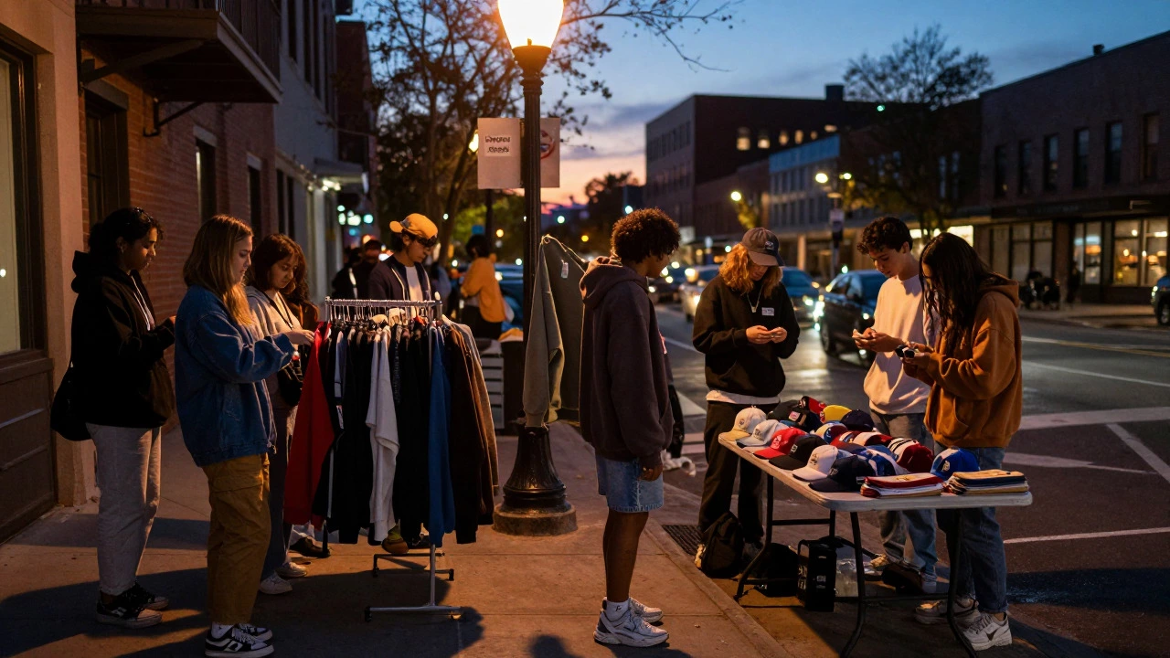 Teenagers browsing vintage clothing racks on a city street at dusk